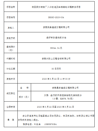 DBSGC-2020-004筑園景加砌塊廠入口改造及地磅基礎(chǔ)工程勞務(wù)項(xiàng)目成交公告