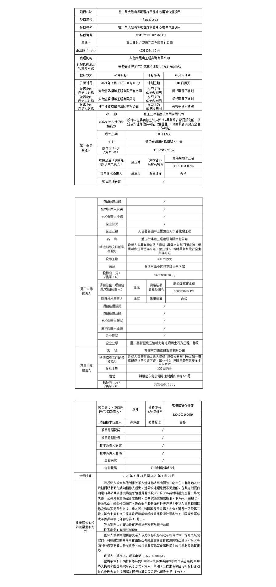 皖N3000018 霍山縣大別山氧吧理療康養(yǎng)中心爆破作業(yè)項目中標候選人公示