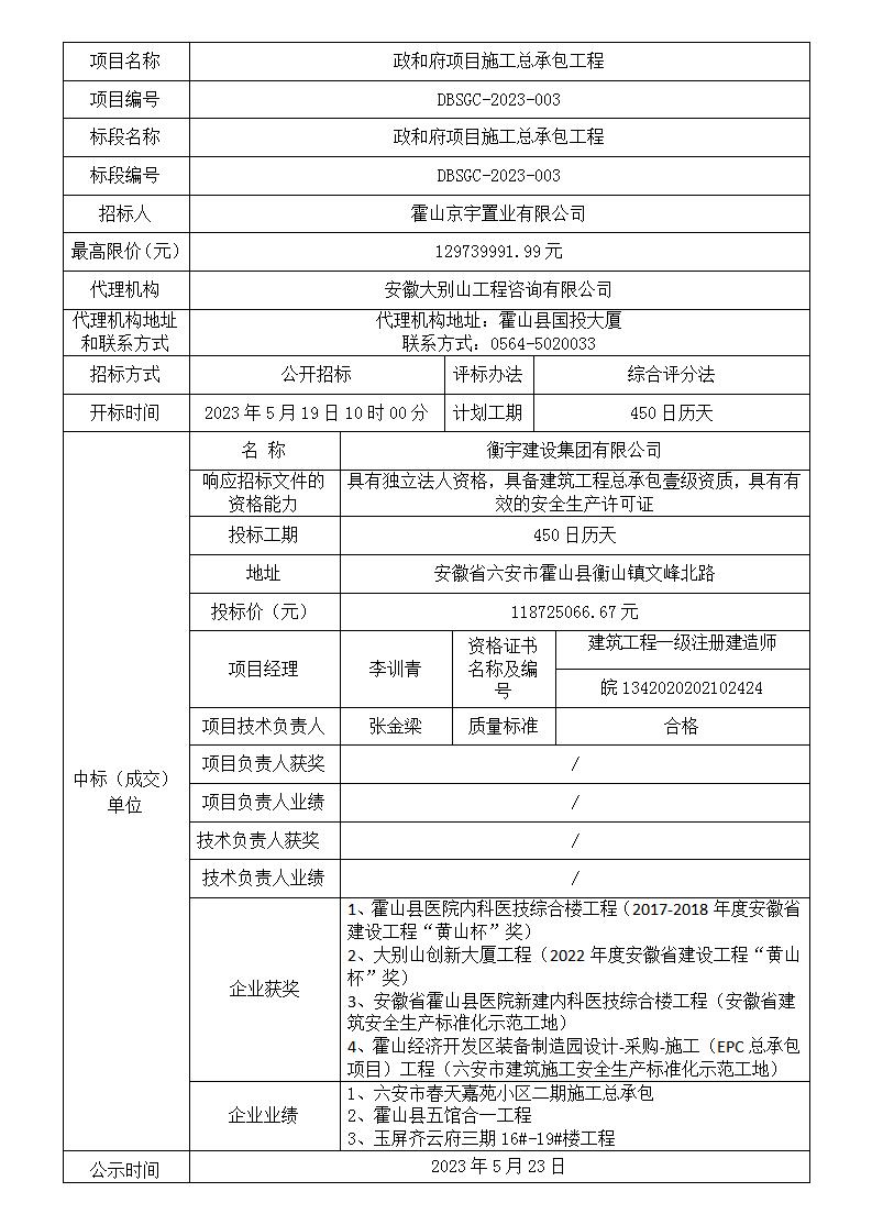 DBSGC-2023-003 政和府項目施工總承包工程中標結(jié)果公示